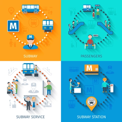 Subway design concept set with passenger station and service flat icons isolated vector illustration