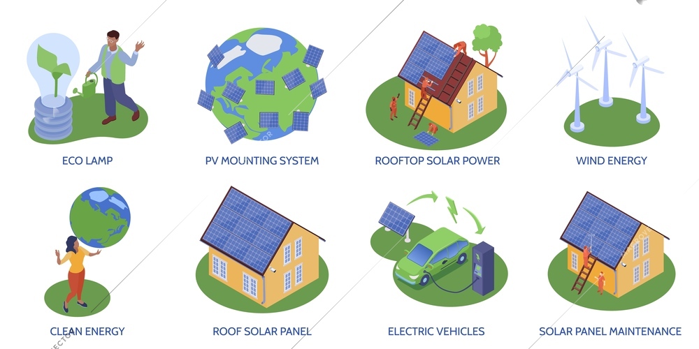 Isolated green energy compositions set with editable text captions and electric vehicles wind turbines rooftop systems vector illustration