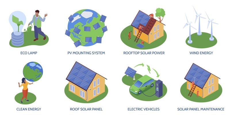 Isolated green energy compositions set with editable text captions and electric vehicles wind turbines rooftop systems vector illustration