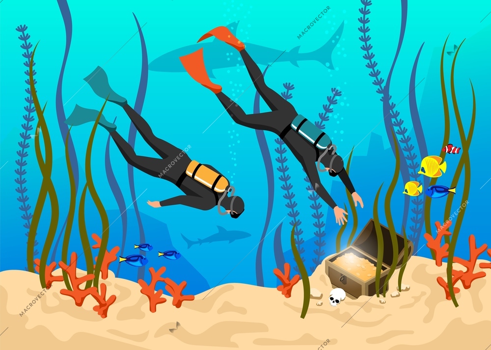 Underwater colored isometric vector illustration with two scuba divers diving for treasure box