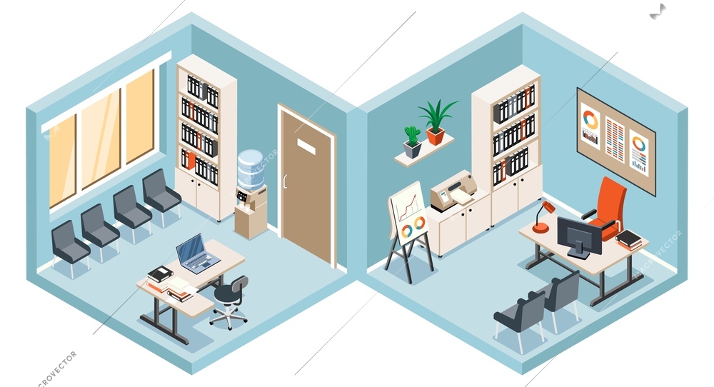 Office interior isometric variants with furniture and equipment isolated on white background vector illustration