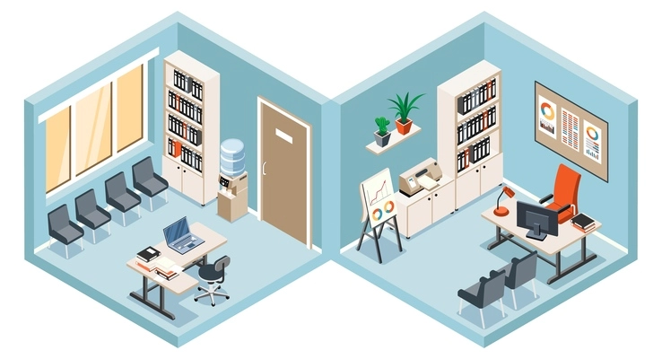 Office interior isometric variants with furniture and equipment isolated on white background vector illustration