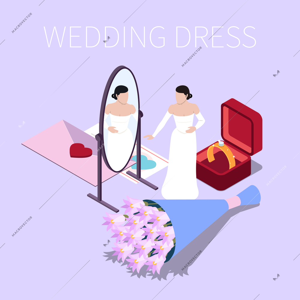 Wedding ceremony marriage isometric composition with character of bride in dress with flowers letter and rings vector illustration