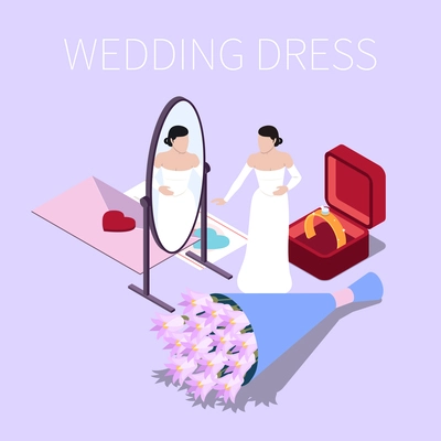 Wedding ceremony marriage isometric composition with character of bride in dress with flowers letter and rings vector illustration