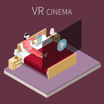 Virtual augmented reality isometric composition with text and view of bedroom with woman watching vr movie vector illustration