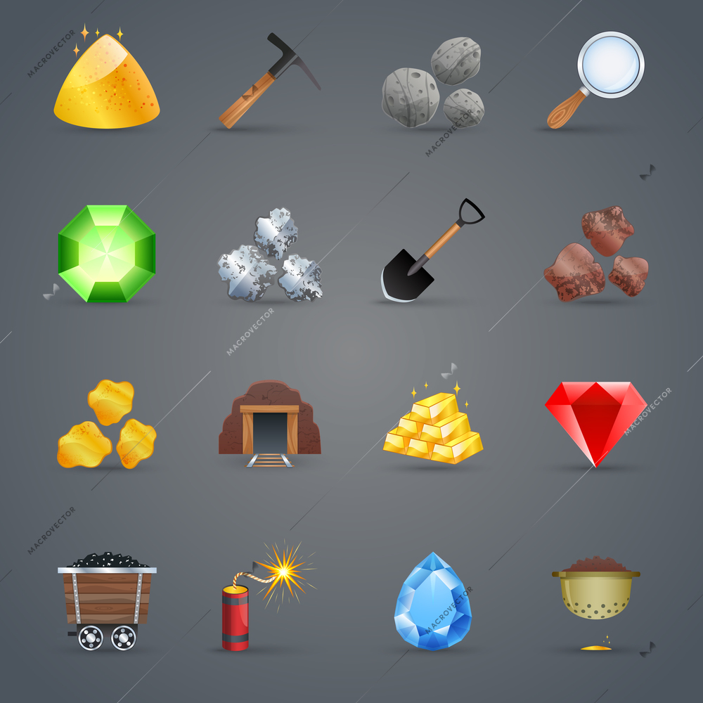 Mining strategy game cartoon icons set with gem picking tools isolated vector illustration