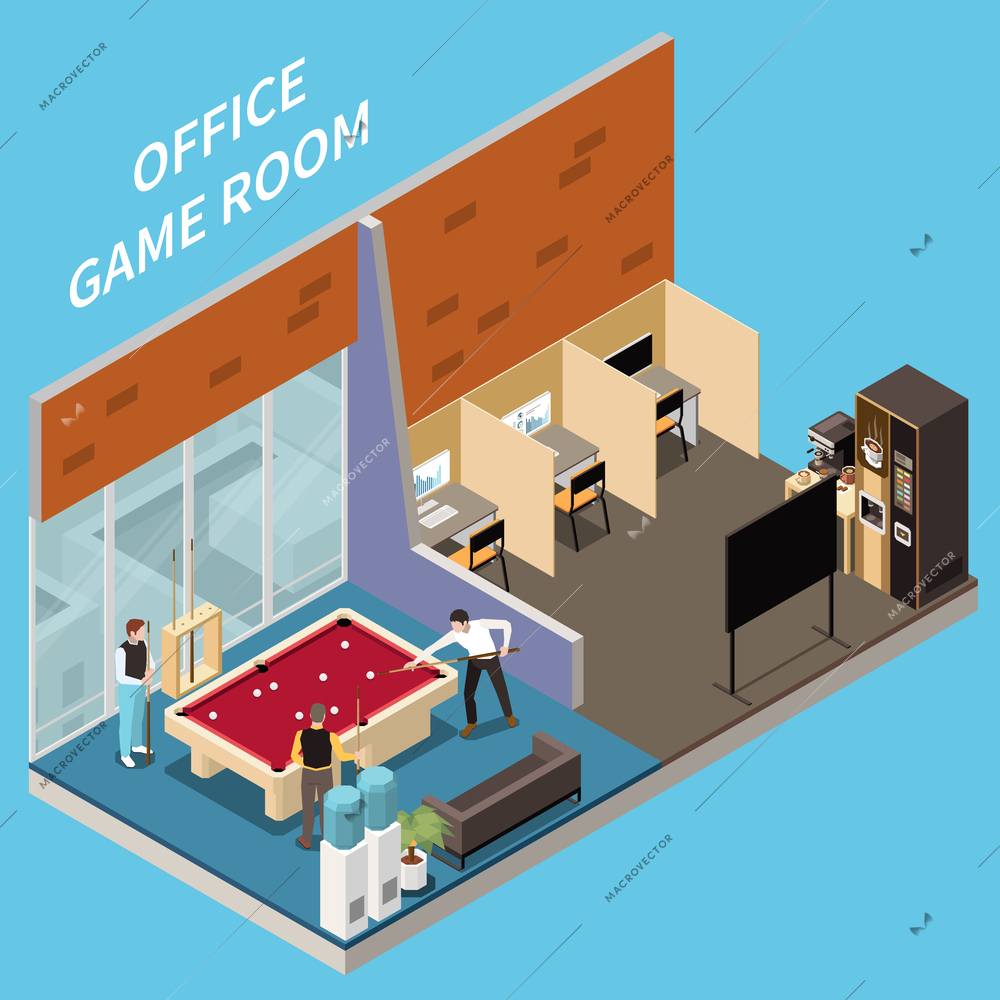 Office recreation facilities isometric composition with isolated view of computer working places and billiard table room vector illustration