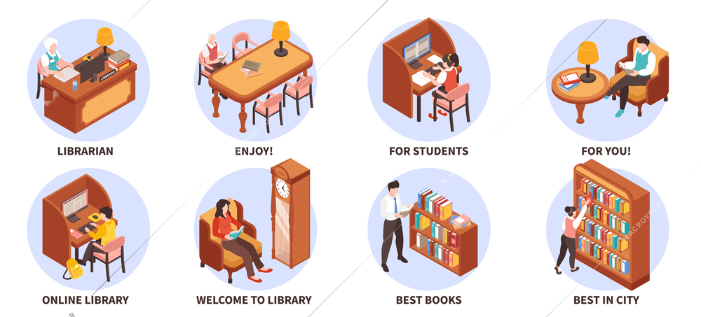 Library round set with best books symbols isometric isolated vector illustration
