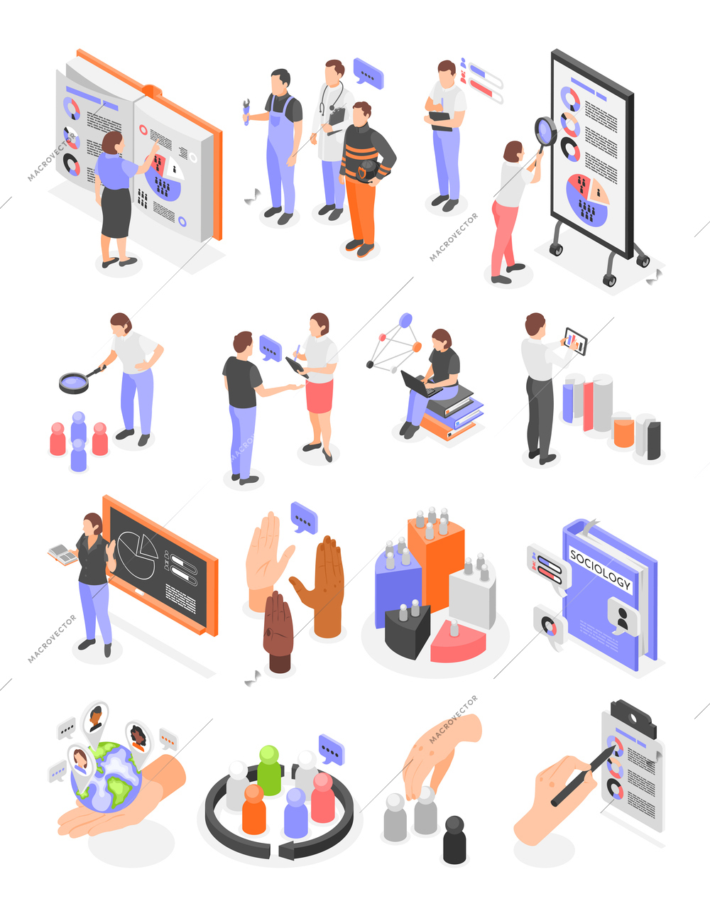 Sociology isometric set with isolated conceptual icons of radial chart analytics books research and human characters vector illustration