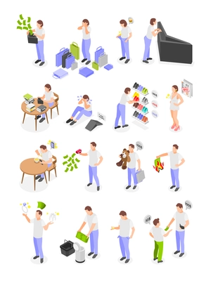 Excess spending isometric set with human characters and icons of empty wallet shopping bags and money vector illustration