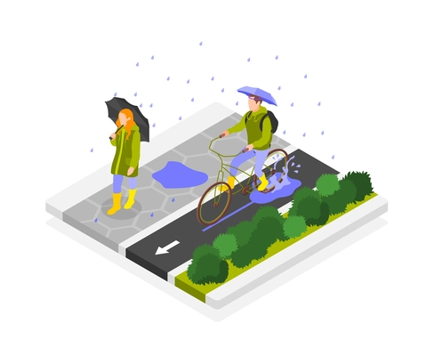 Rainy day isometric composition with isolated view of park with walking woman and man on bicycle vector illustration