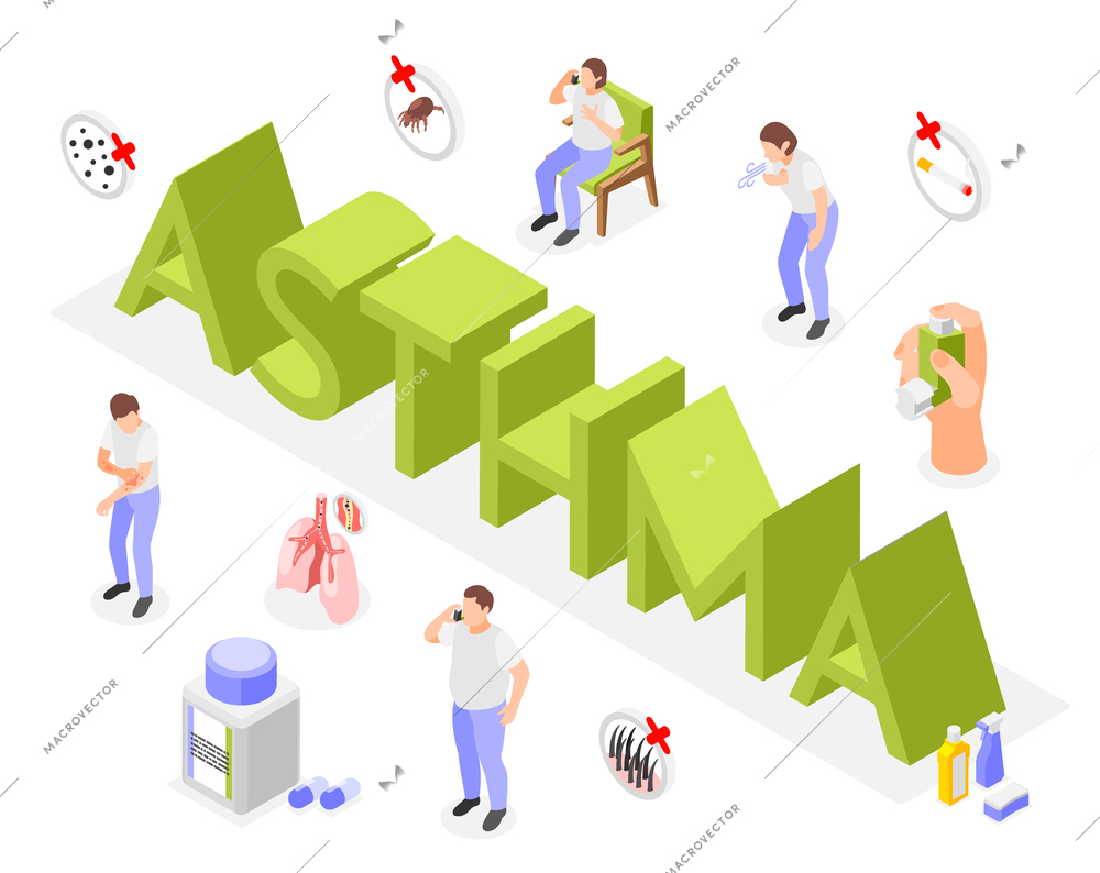 Asthma symptoms and treatment isometric composition with 3d text surrounded by medication icons and human characters vector illustration