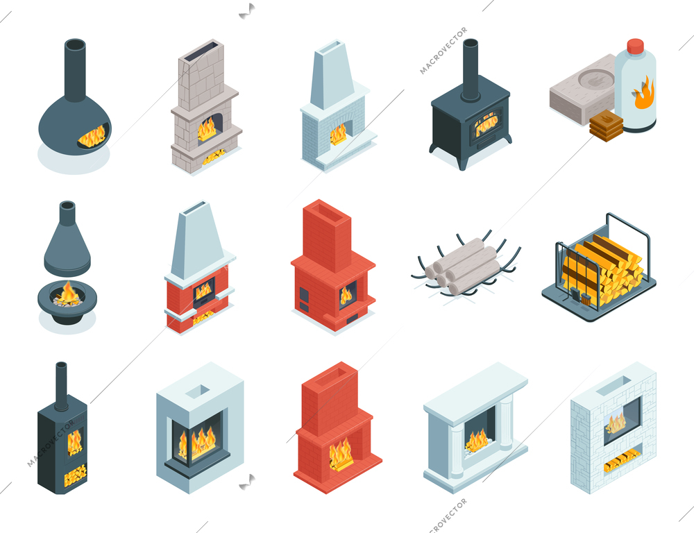 Isometric fireplaces set with isolated icons of vintage and modern style burning chimneys on blank background vector illustration