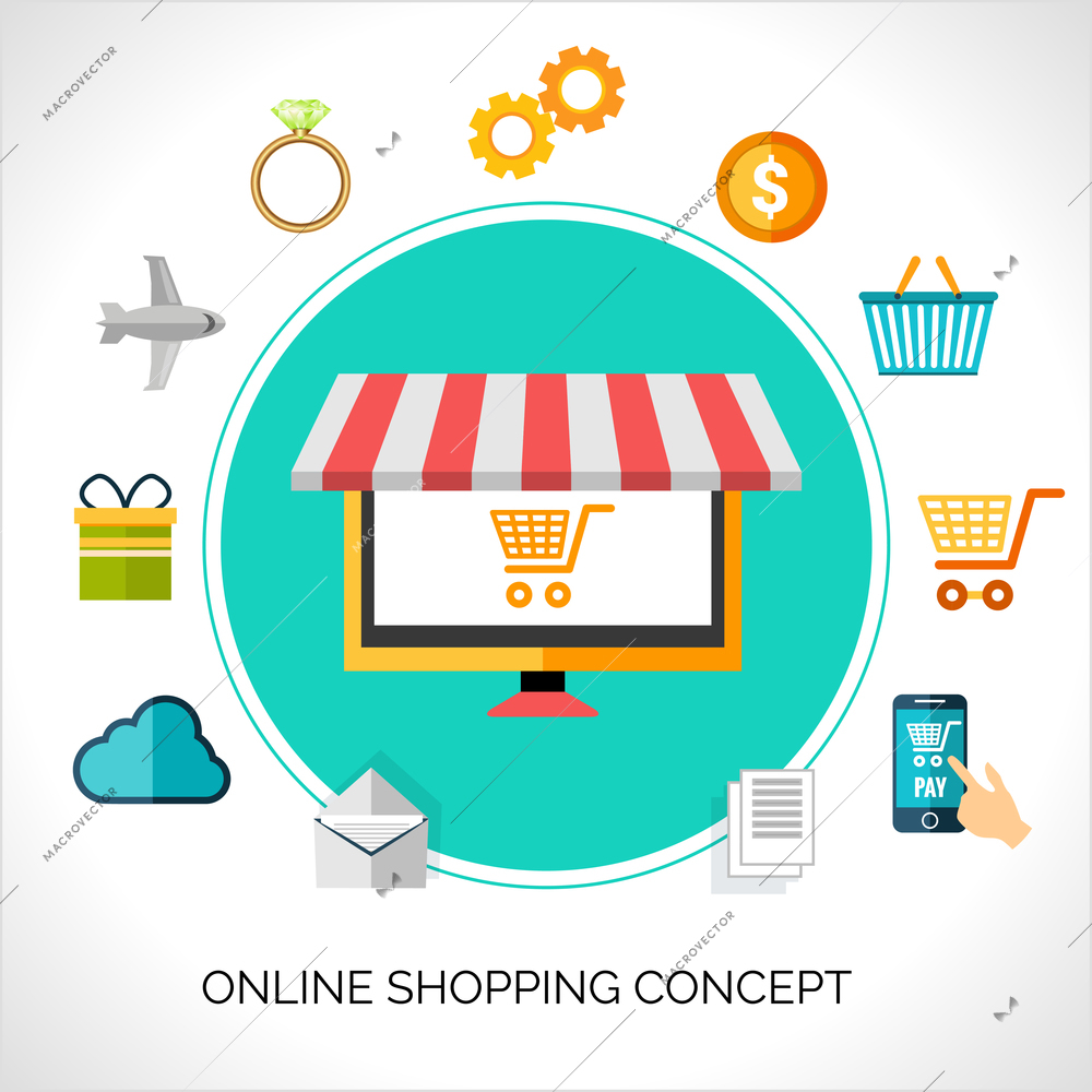 Online shopping concept with e-commerce flat decorative icons set vector illustration