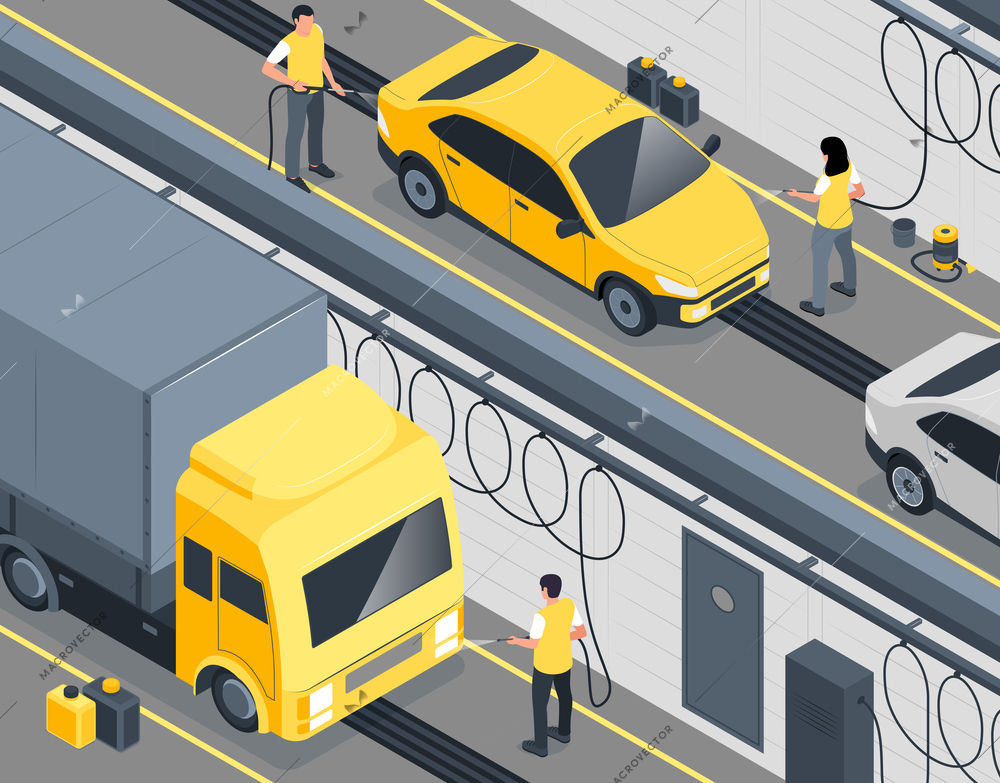 Isometric automated car wash people composition with human characters playing hose on their cars and truck vector illustration