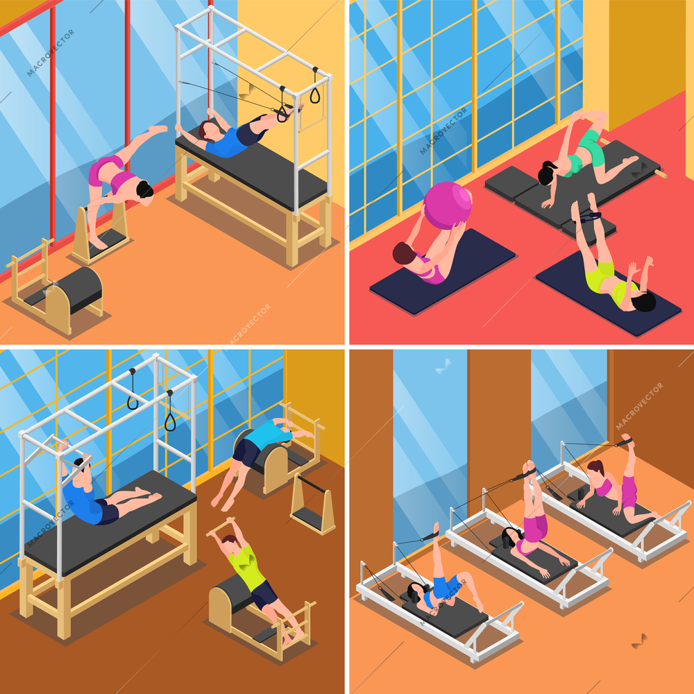 Set with four square pilates isometric compositions with indoor views of gym with athletic people apparatus vector illustration