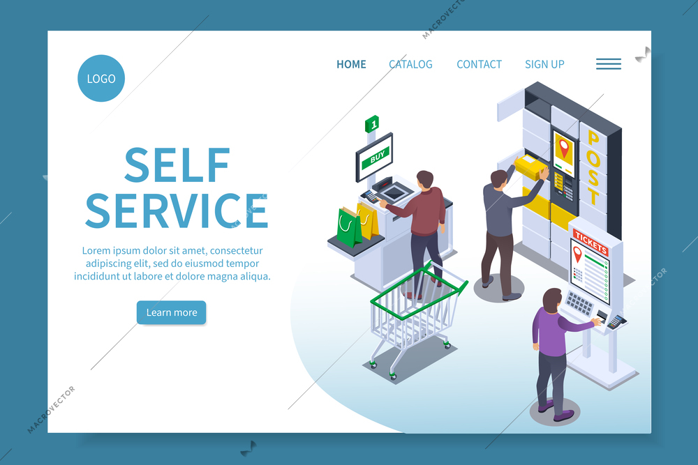 Self service isometric web site landing page with editable text learn more button and clickable links vector illustration