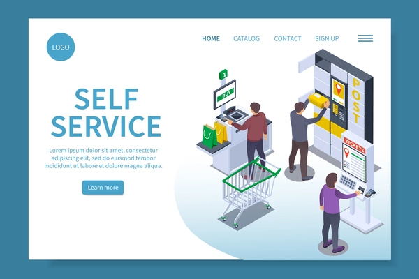 Self service isometric web site landing page with editable text learn more button and clickable links vector illustration