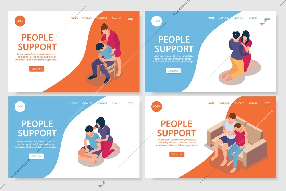 People support isometric set of landing page web sites with clickable text links and human characters  vector illustration