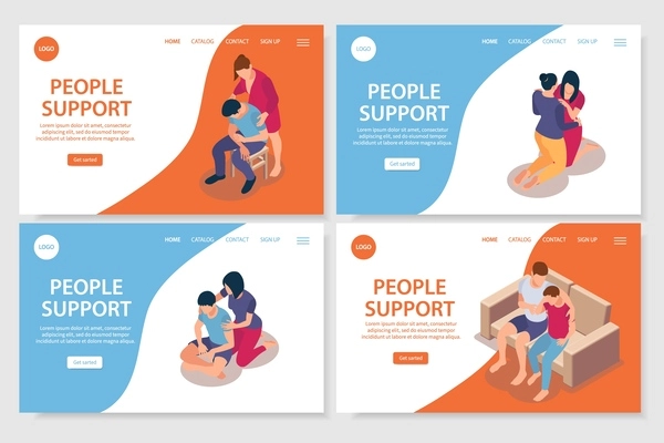 People support isometric set of landing page web sites with clickable text links and human characters  vector illustration