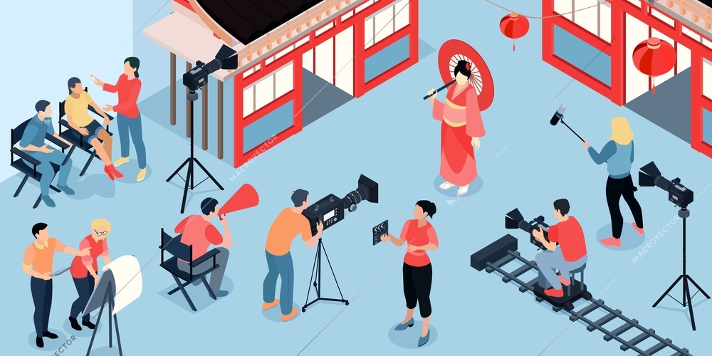 Isometric cinema production composition with view of filming location with historic japanese set and shooting crew vector illustration