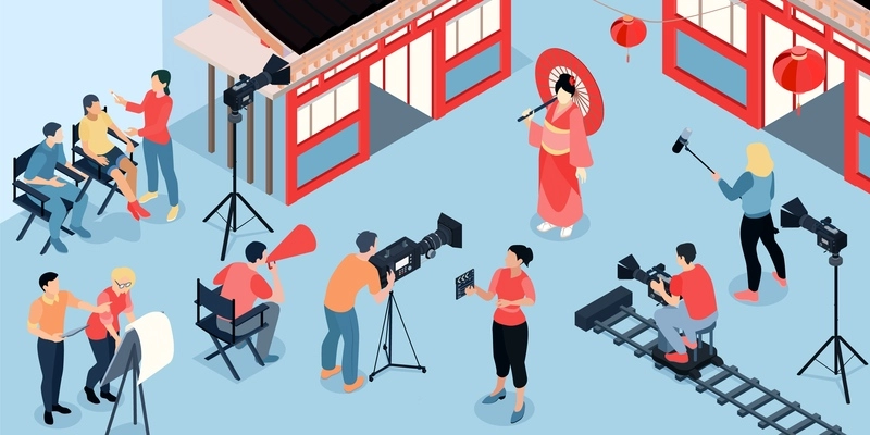 Isometric cinema production composition with view of filming location with historic japanese set and shooting crew vector illustration