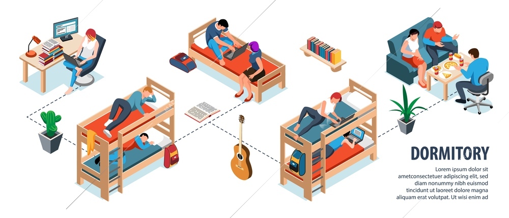 Student dormitory isometric infographics with male and female characters living and studying together 3d vector illustration