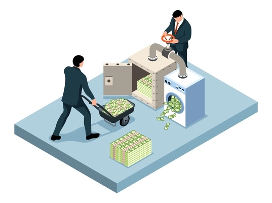 Money laundering isolated object at white background with two accomplices washing heap of banknotes in machine isometric vector illustration