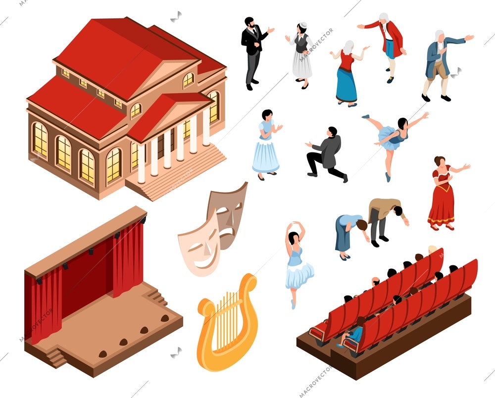 Theater isometric color set of playing actors dancers spectators stage auditorium theatre building isolated at white background vector illustration
