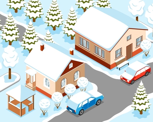 Winter city isometric fragment with houses cars spruces and bushes covered in snow vector illustration