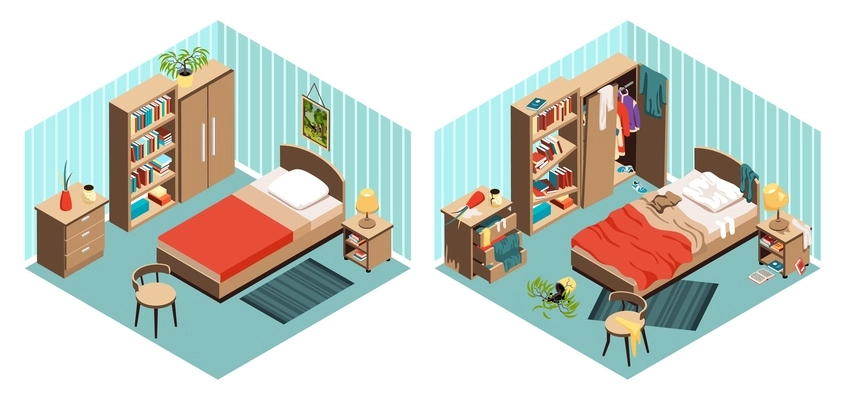 Comparison of living room interiors before and after cleaning isolated objects isometric vector illustration