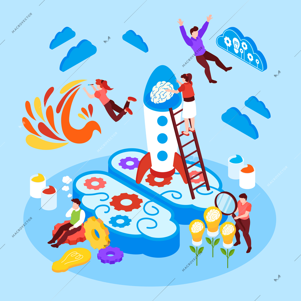 Isometric mind creative thinking composition with conceptual art icons and human characters with brains and gear vector illustration