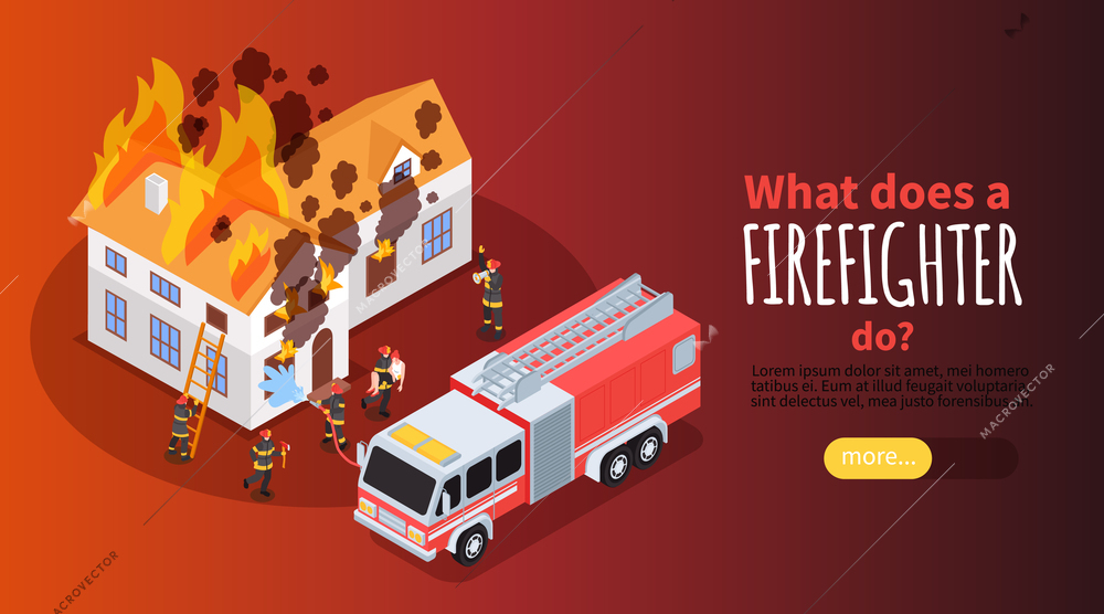 Isometric firefighter horizontal banner with view of burning house and fire crew with text and button vector illustration