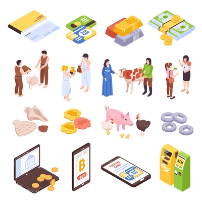 Isometric money evolution set of isolated icons with modern and ancient monetary means and exchange goods vector illustration