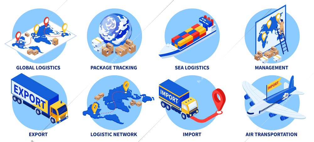 Isometric export import set of circle compositions with text captions cargo vehicles logistics management destination points vector illustration