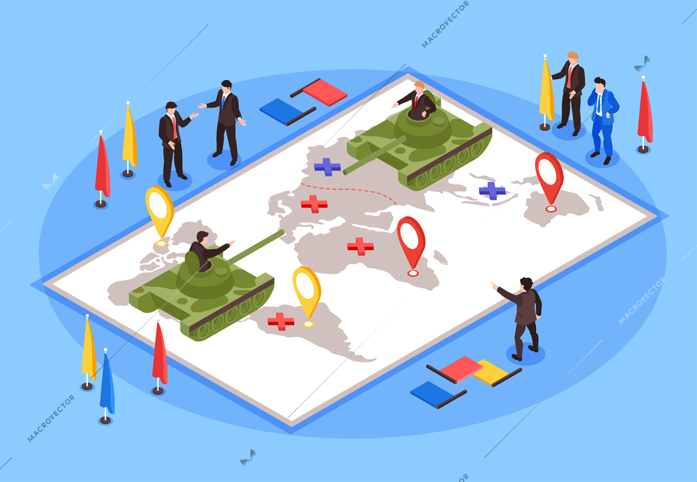 Isometric geopolitics isolated composition with human characters of politicians running tanks on world map with marks vector illustration