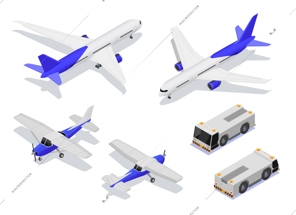 Aircraft airplanes maintenance service repair isometric set with isolated images of planes and airport push trucks vector illustration