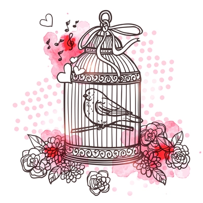 Hand drawn bird closed in cage with flowers and heart symbols vector illustration