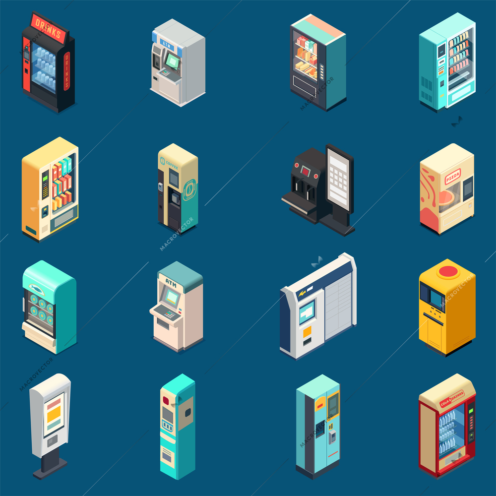 Vending machine isometric set of isolated icons with various models of electronic terminals for different purposes vector illustration