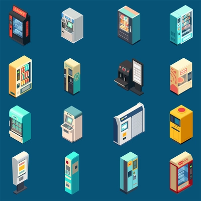 Vending machine isometric set of isolated icons with various models of electronic terminals for different purposes vector illustration