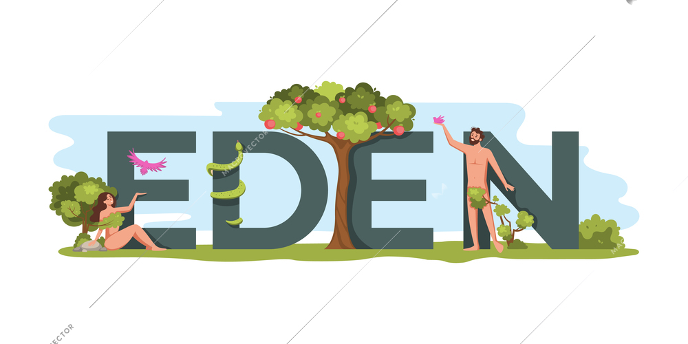 Paradise bible composition of flat text surrounded by tale scene of adam and eve with apples vector illustration