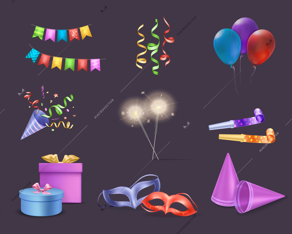 Celebration party set with balloons and ribbons symbols realistic isolated vector illustration
