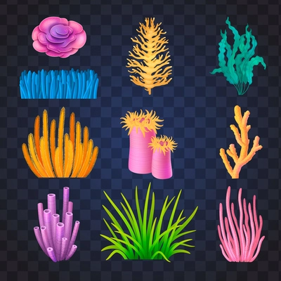 Underwater world cartoon icons set with colorful coral reefs isolated on transparent background vector illustration