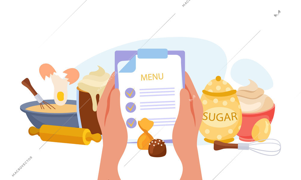 Baking ingredients flat concept with female hands holding paper page with menu vector illustration