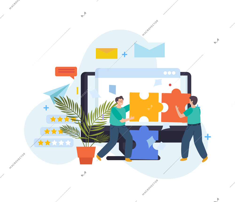 Multitasking people flat vector illustration with two male characters putting puzzles together as symbol of corporate teamwork