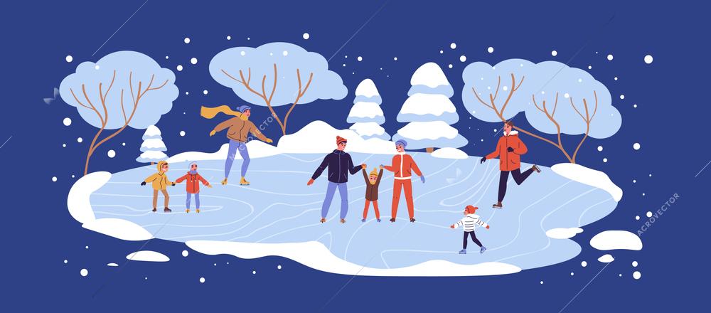 Ice skating concept with outdoor sport symbols flat vector illustration