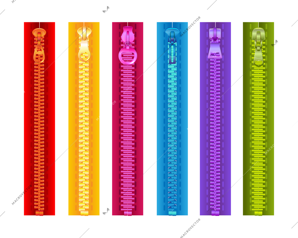 Realistic zipper color set with six isolated images of colored zip fastener stripes on blank background vector illustration