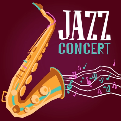 Jazz music concert promo poster with saxophone flat vector illustration