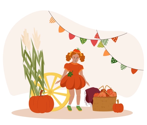 Kid wearing costume of pumpkin at harvest festival party flat vector illustration