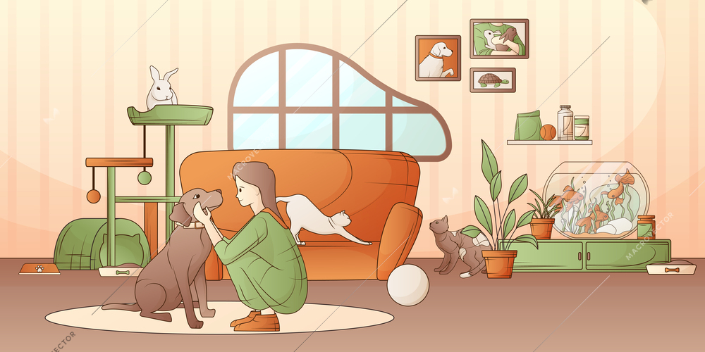 Woman spending time with her pets dog cats rabbit and fish in living room flat vector illustration